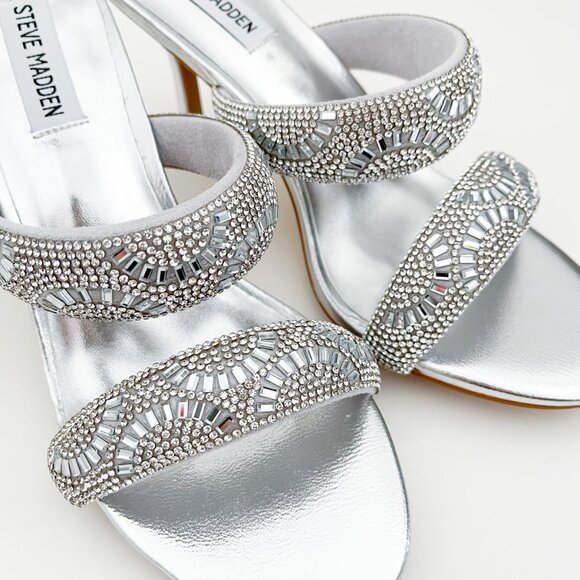 Steve Madden Baton Rhinestone Silver Mules Sandals Heels - Picture 12 of 14